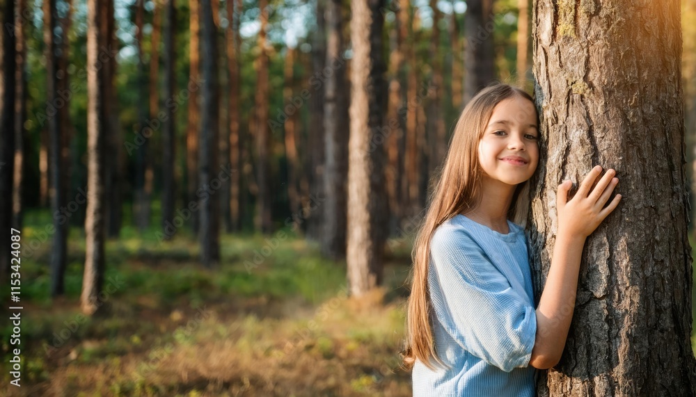 Young beautiful girl with long hair hugging a tree and smiling against sunny forest background. The concept of love for nature Young beautiful girl with long hair hugging a tree and smiling against sunny forest background. The concept of love for nature