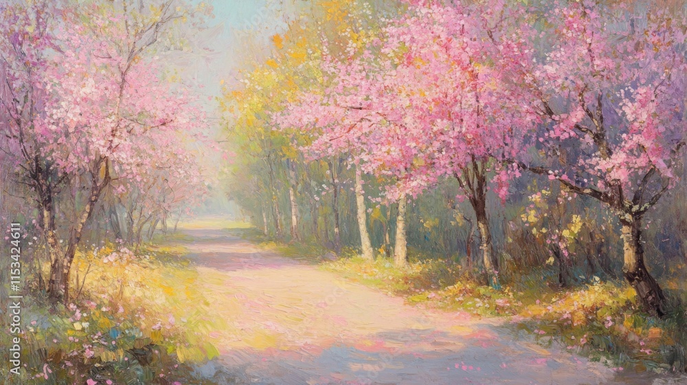 Pink Blossom Trees Line A Springtime Country Road Pink Blossom Trees Line A Springtime Country Road
