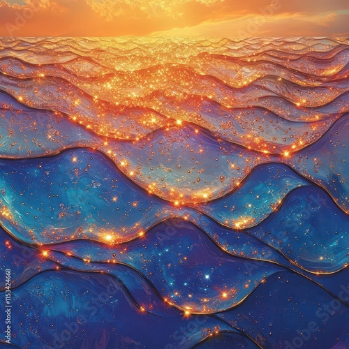 A stunning view of shimmering ocean waves at sunset, with glimmers of light dancing across the water's surface.
