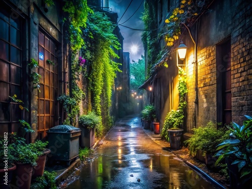 Dark, Wet Alleyway with Lush Overgrown Plants - Night Photography Stock Image