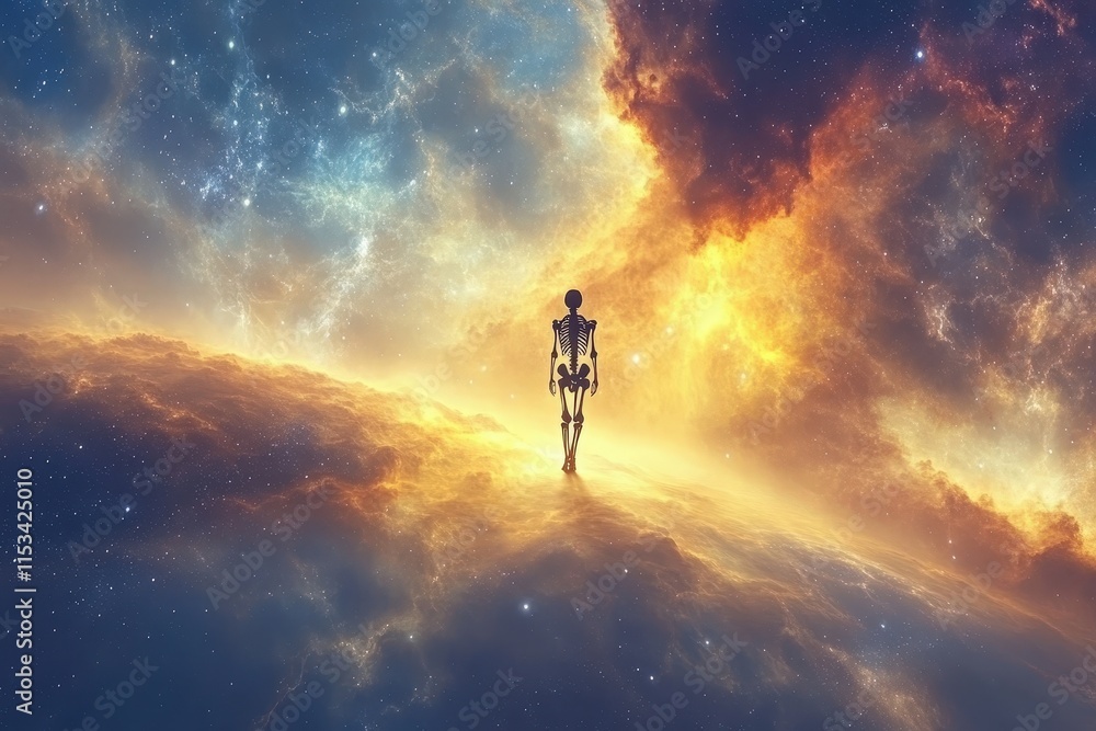 Fototapeta premium A skeletal figure stands in a vibrant cosmic scene, surrounded by swirling galaxies and nebulae in hues of orange, blue, and purple.