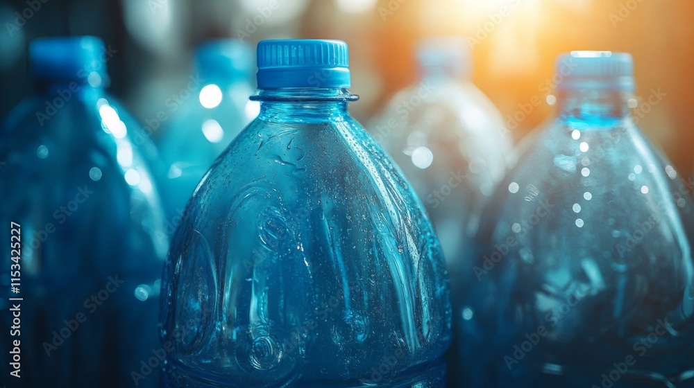Close up of several blue plastic water bottles Close up of several blue plastic water bottles