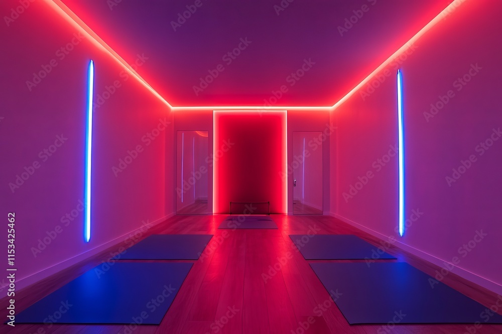 Modern fitness studio with neon lighting and exercise mats for wellness activities. Color-driven spaces Modern fitness studio with neon lighting and exercise mats for wellness activities. Color-driven spaces