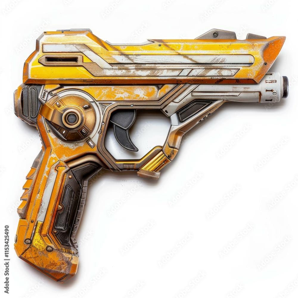Futuristic space gun with gold and silver details resting on a plain white background Futuristic space gun with gold and silver details resting on a plain white background