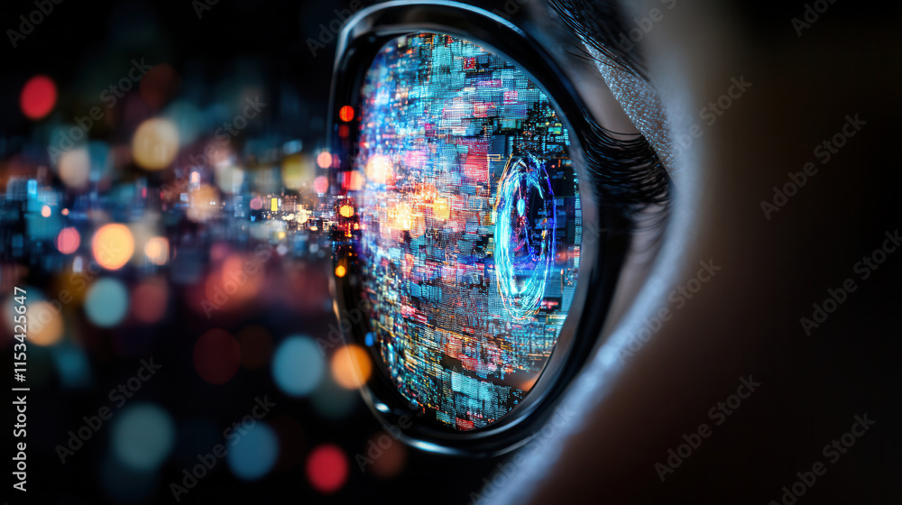 close up of person eye wearing glasses, reflecting vibrant digital cityscape with holographic elements, showcasing futuristic technology close up of person eye wearing glasses, reflecting vibrant digital cityscape with holographic elements, showcasing futuristic technology