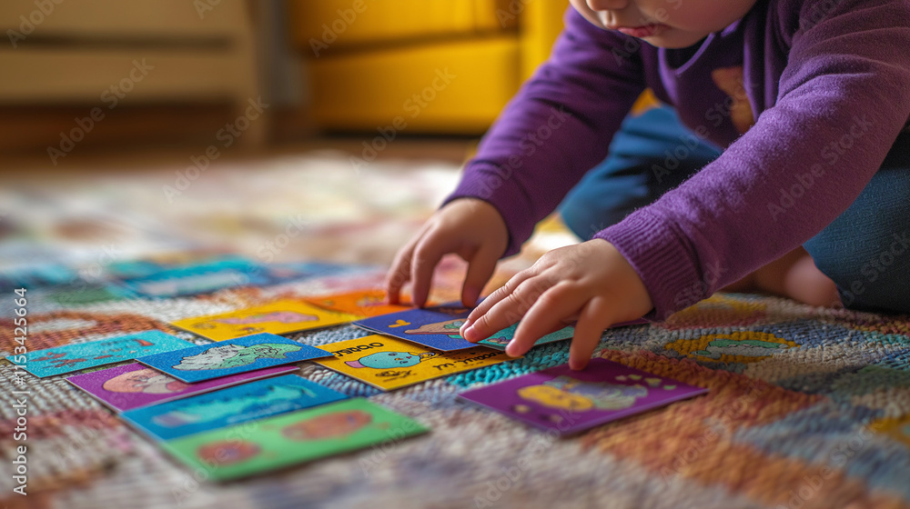 Obraz premium Child exploring objects on colorful flashcards, developing memory and cognitive skills through visual learning