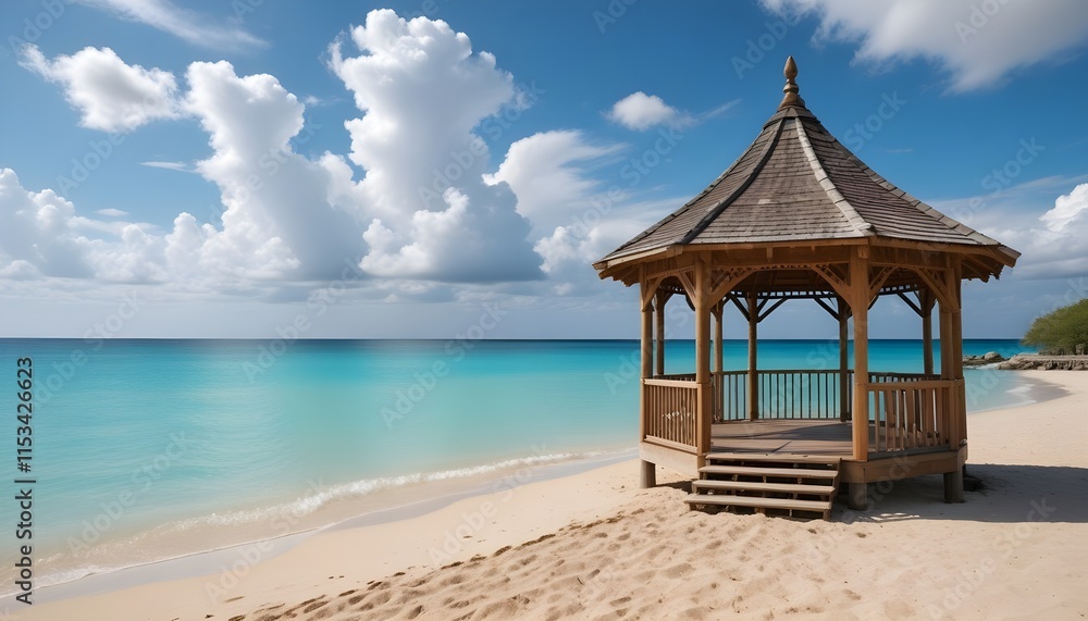 A gazebo on a sandy beach with turquoise blue water and a cloudy sky in the background A gazebo on a sandy beach with turquoise blue water and a cloudy sky in the background