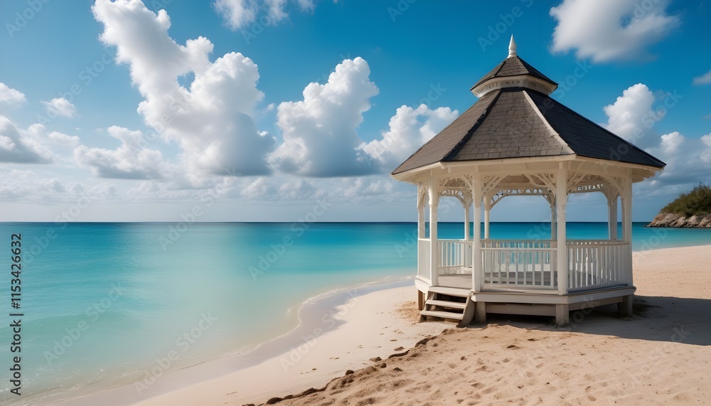 Fototapeta premium A gazebo on a sandy beach with turquoise blue water and a cloudy sky in the background