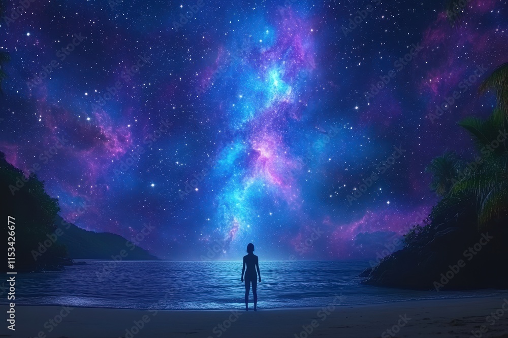 A silhouetted figure stands on a tranquil beach, gazing at a vibrant galaxy filled with stars and cosmic colors above. A silhouetted figure stands on a tranquil beach, gazing at a vibrant galaxy filled with stars and cosmic colors above.