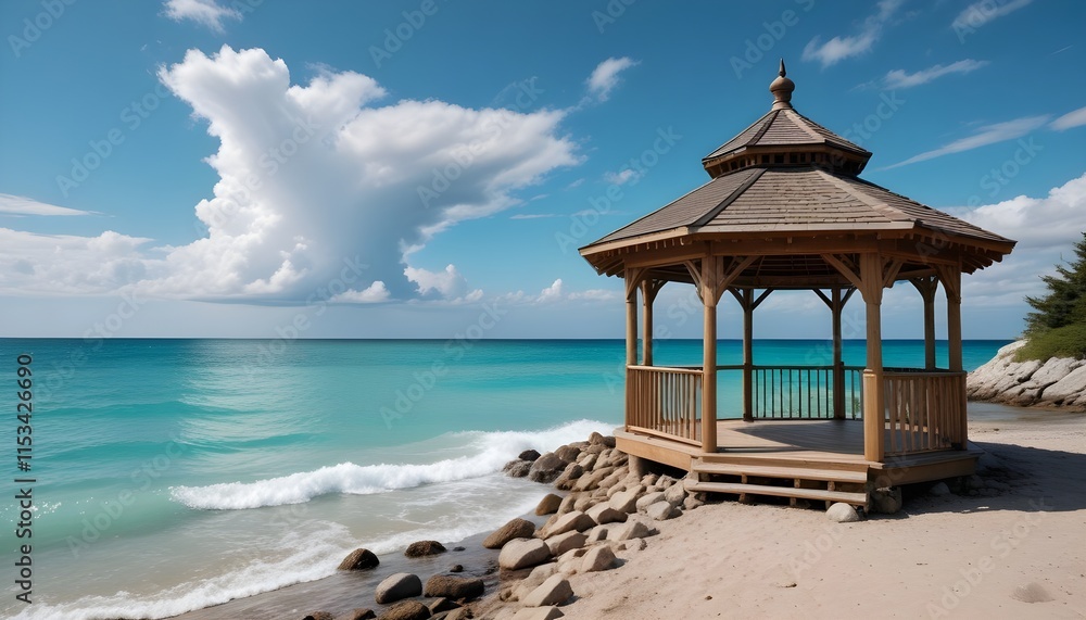 Fototapeta premium A gazebo on a sandy beach with turquoise blue water and a cloudy sky in the background