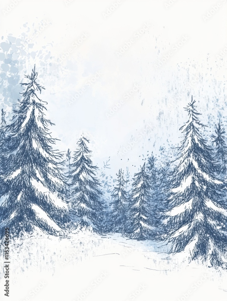 Obraz premium Winter themed doodle featuring snow covered trees in a serene forest setting with a light snowfall. Generative AI