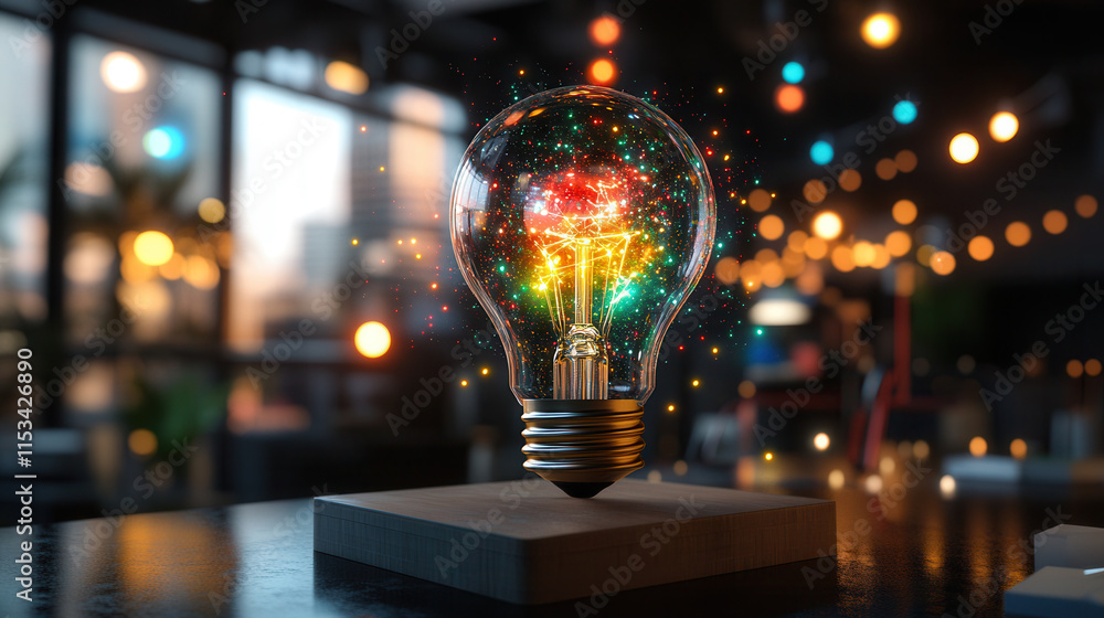 glowing light bulb filled with colorful sparks symbolizes innovation and creativity in modern workspace glowing light bulb filled with colorful sparks symbolizes innovation and creativity in modern workspace
