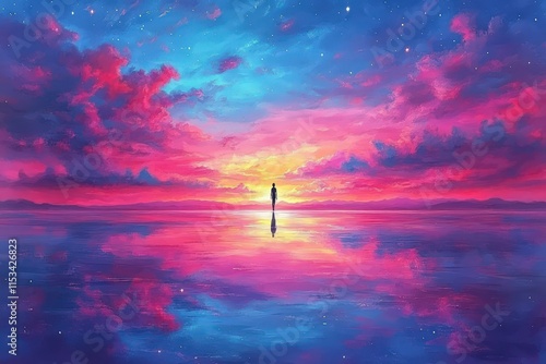 A solitary figure stands at the edge of a serene sea, surrounded by a vibrant sunset of pinks, purples, and blues, reflecting on calm waters.