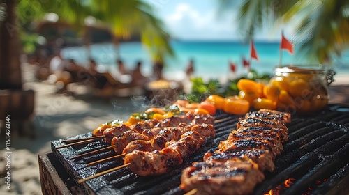 Beach BBQ celebration with grilled food, flags, and friends enjoying a relaxed summer day photo