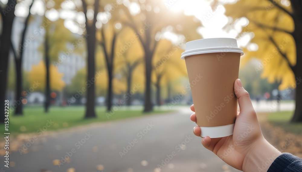 A person holding a disposable coffee cup on a blurred park background A person holding a disposable coffee cup on a blurred park background