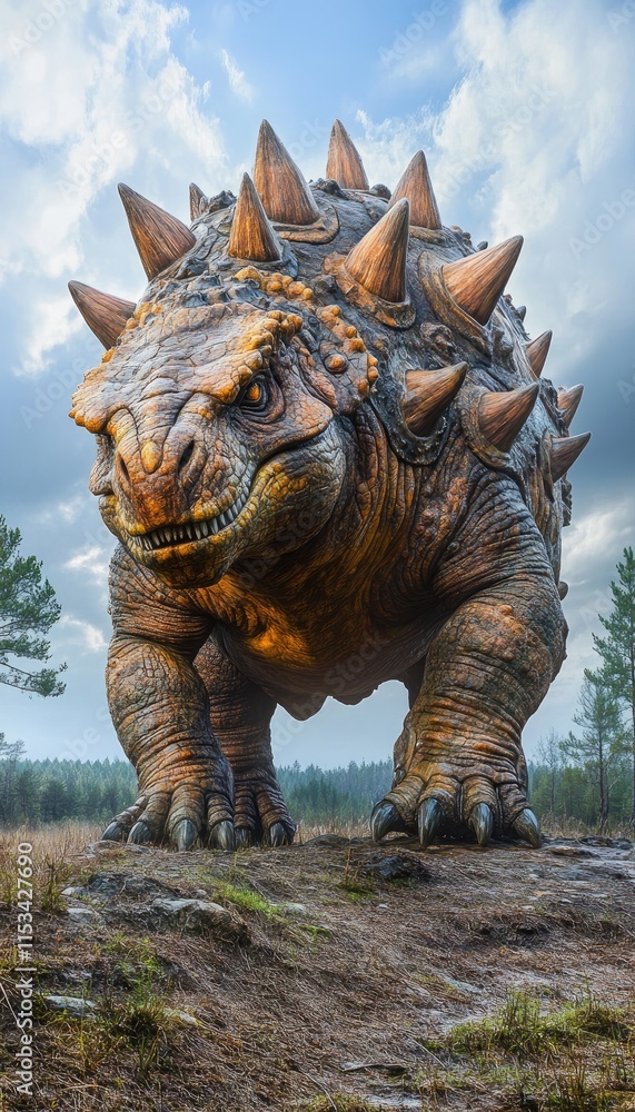 Fototapeta premium A large, spiked dinosaur-like creature stands majestically in a natural landscape under a cloudy sky.