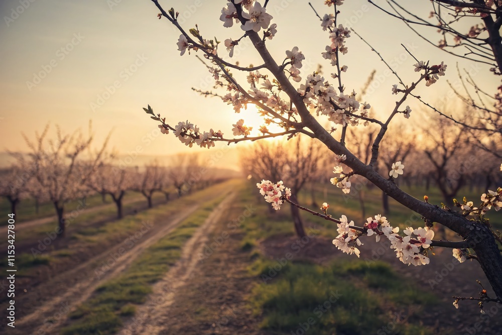 Fototapeta premium Vintage Cherry Orchard Sunset: Blossoming Branches & Golden Hour Light
