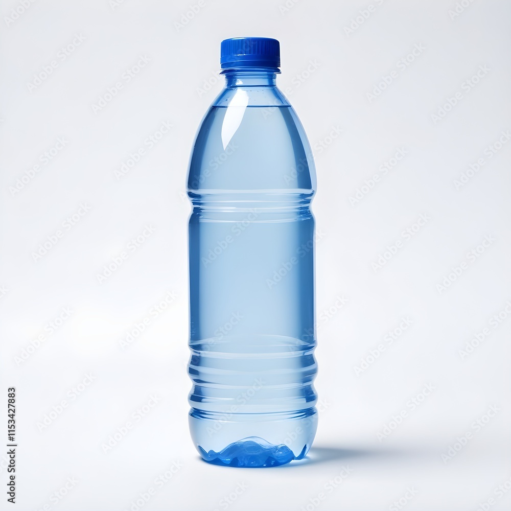 A plastic bottle of clear water with a blue cap A plastic bottle of clear water with a blue cap