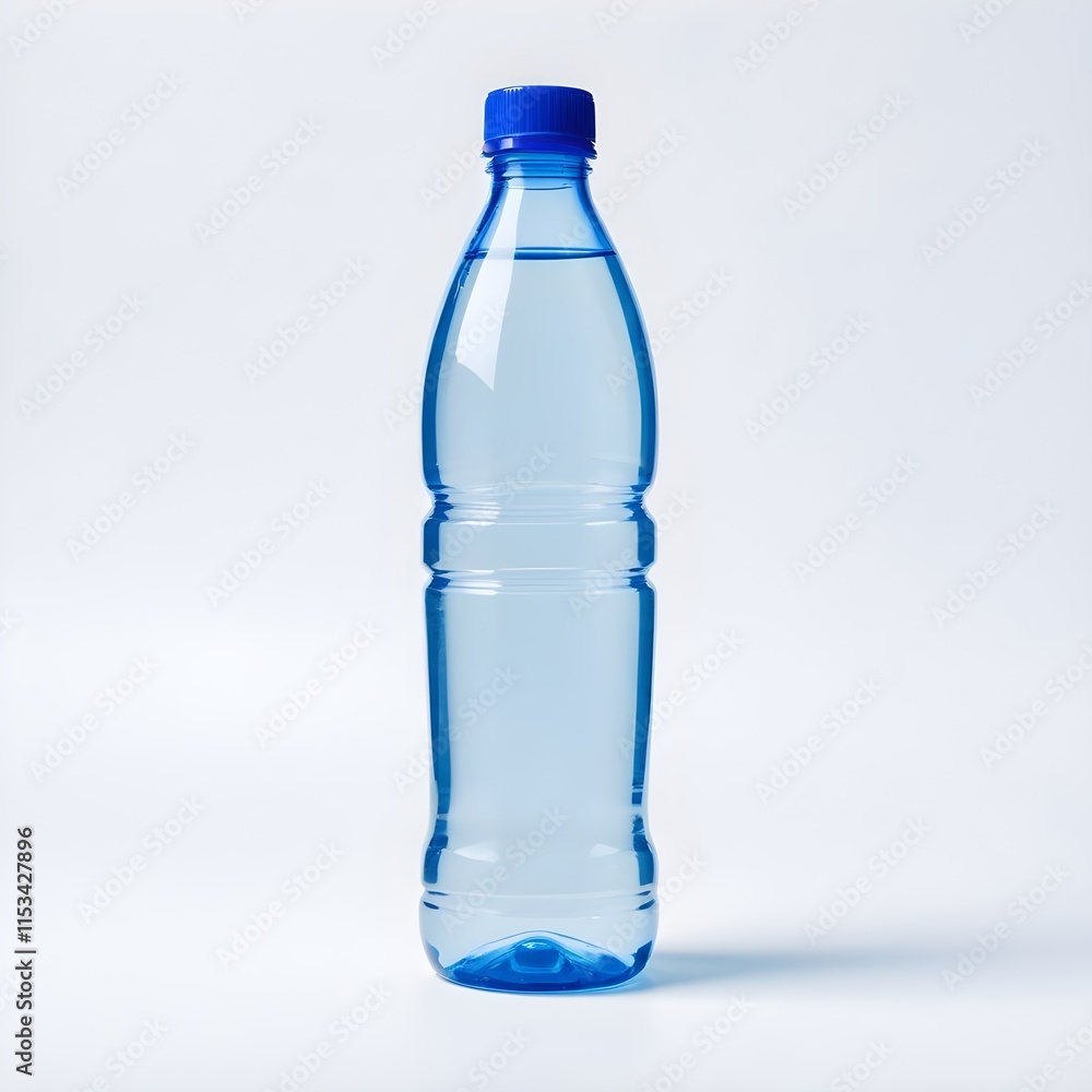 A plastic bottle of clear water with a blue cap A plastic bottle of clear water with a blue cap