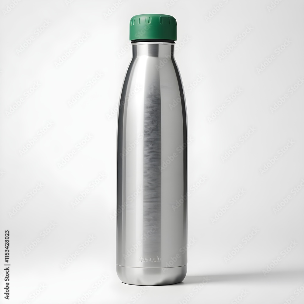 A metal water bottle with a green lid A metal water bottle with a green lid