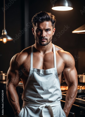 muscular male chef, with a determined gaze, stands in a professional kitchen wearing a white apron.