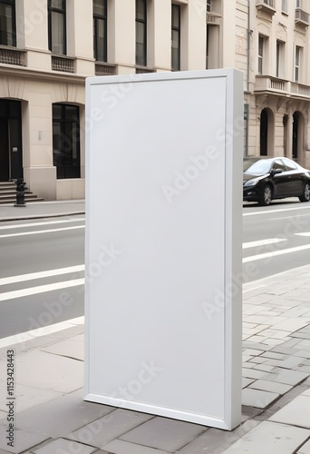 A white poster mokup displayed on a city street