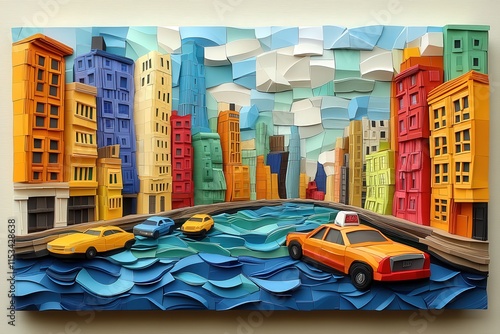 Colorful paper art depicting a busy cityscape with vibrant buildings and yellow taxis on a river, creating an energetic and lively atmosphere. photo