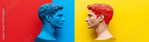 A vibrant, artistic split image showcasing two stylized mannequin heads in contrasting colors: blue on the left and red on the right against bold backgrounds. photo