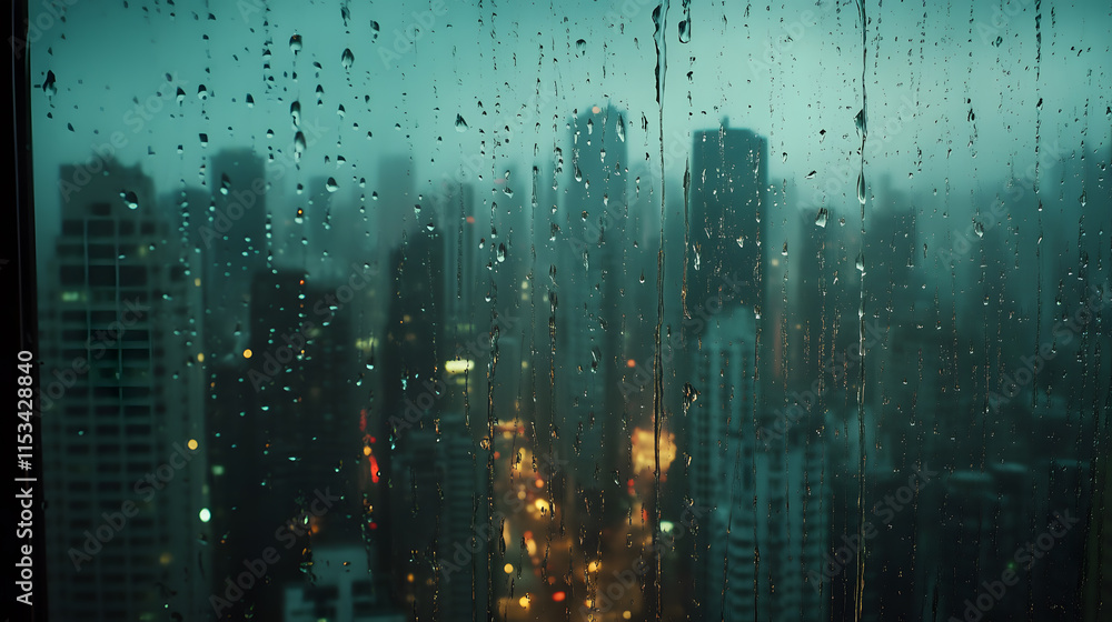 Window covered in rain droplets, with each bead of water reflecting soft light Window covered in rain droplets, with each bead of water reflecting soft light