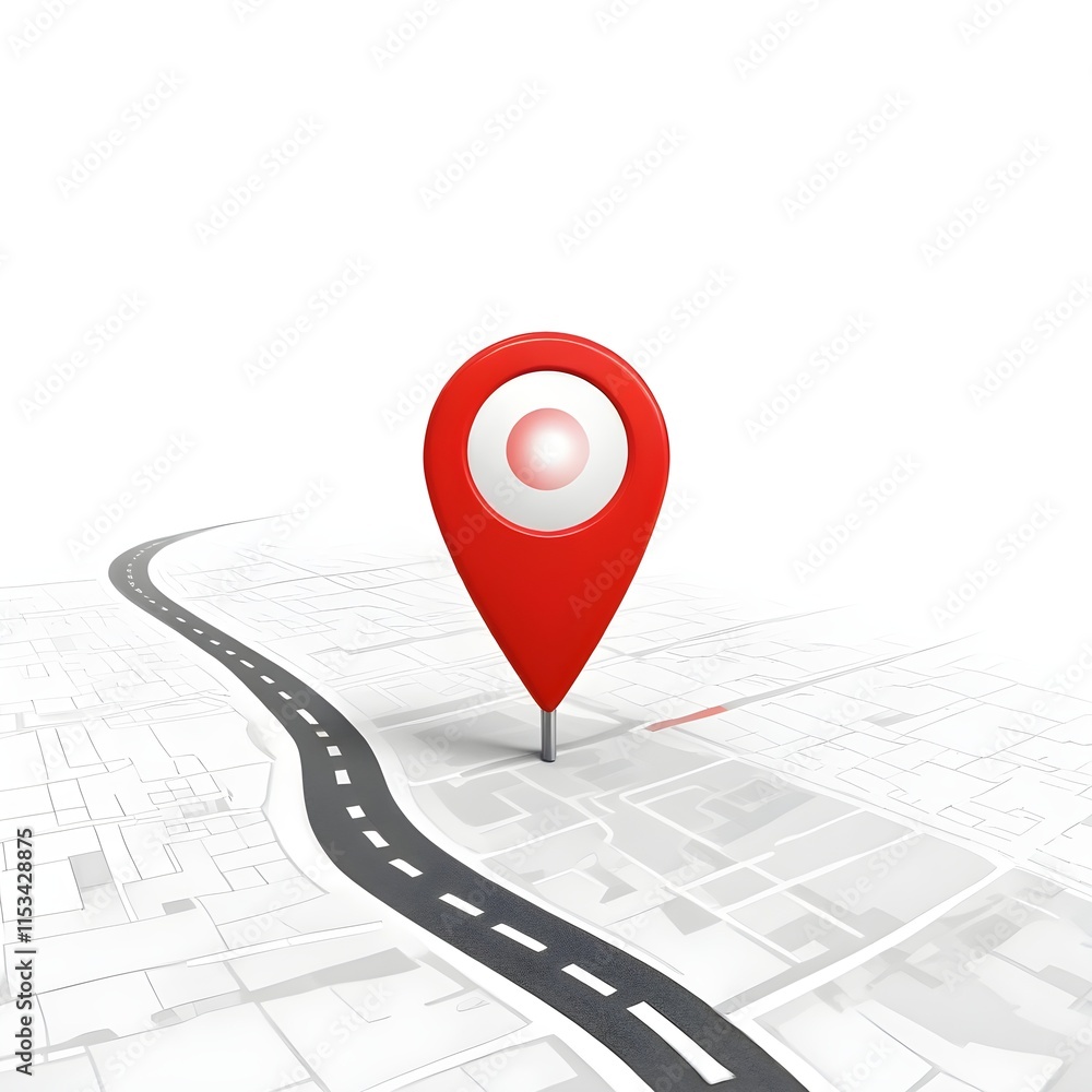 A red map pin on a mountain road , representing navigation A red map pin on a mountain road , representing navigation