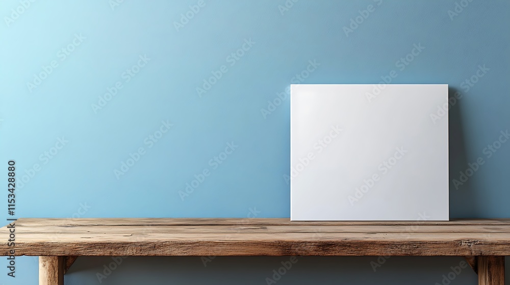 Fototapeta premium Clean Canvas Mockup: Wide Shot Photo of Blank Artwork on Rustic Wooden Table Against a Serene Blue Wall. AI Generated