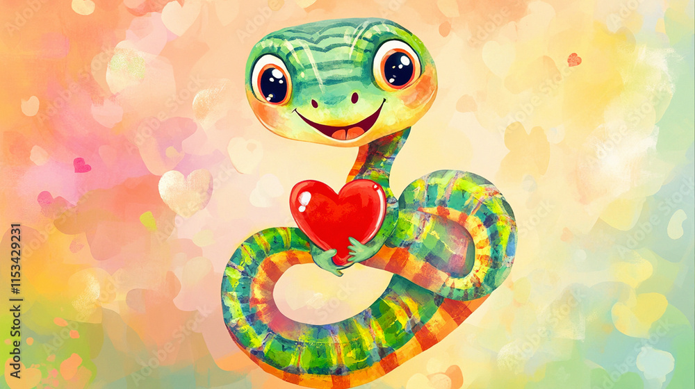 Fototapeta premium Gem-Encrusted Snake Coiled Around a Chrome Heart – Luxurious and Romantic Artwork