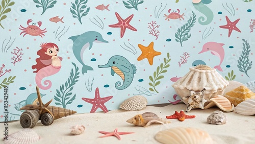 Vintage Cute Mermaid & Sea Animal Pattern - Retro Underwater Illustration photo