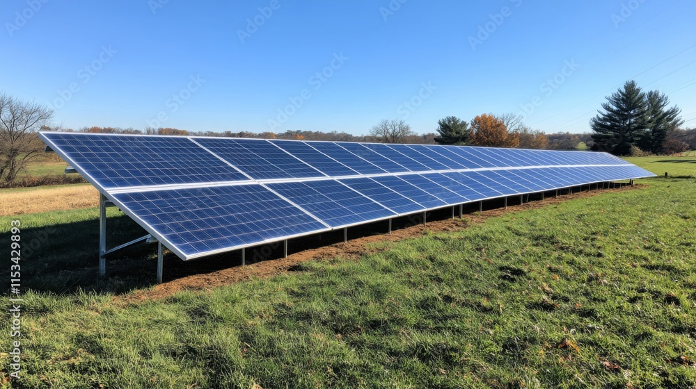 Solar Panels Array In Rural Green Field Setting Solar Panels Array In Rural Green Field Setting