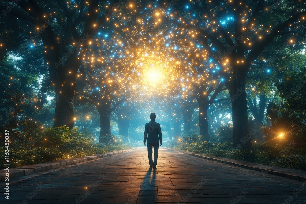 A man walks alone through a mystical forest path illuminated by ethereal lights, creating a serene and magical atmosphere. A man walks alone through a mystical forest path illuminated by ethereal lights, creating a serene and magical atmosphere.