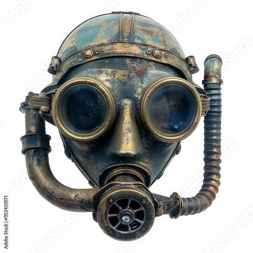 Antique steampunk gas mask featuring intricate brass details and large round lenses photo