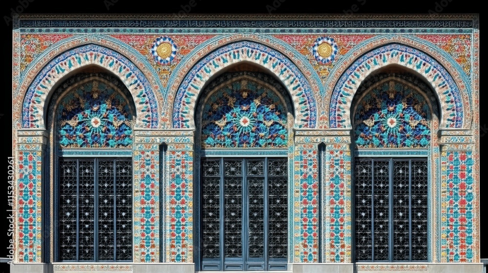 Obraz premium Colorful mosaic facade with three arched doorways.
