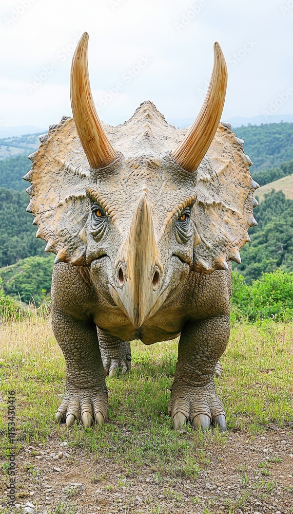 Fototapeta premium A realistic depiction of a Triceratops in a natural landscape.