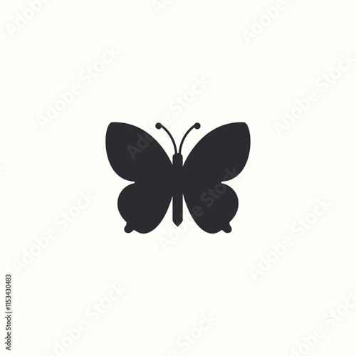 Flat design vector icon of a butterfly in silhouette style. The graphic features clean lines and a symmetrical design, ideal for logos, apps, or decorative purposes