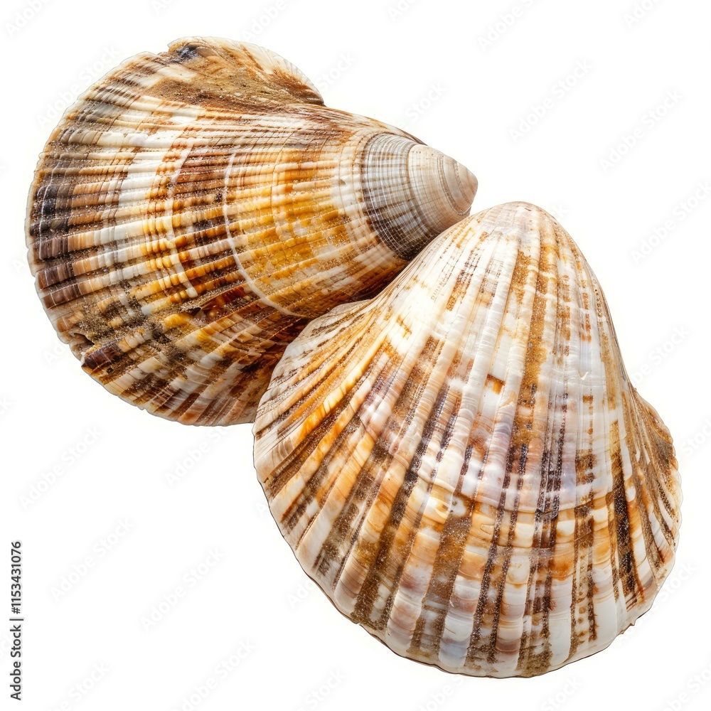Two beautiful seashells with intricate patterns rest on a clean white background, showcasing the beauty of nature's creations Two beautiful seashells with intricate patterns rest on a clean white background, showcasing the beauty of nature's creations