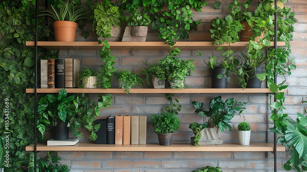 Fototapeta premium Vibrant Indoor Plants Beautifully Arranged on Shelves. AI Generated