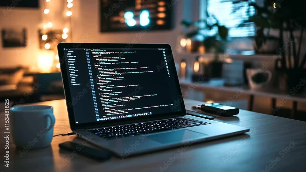 A dimly lit workspace where a laptop displays detailed code, surrounded by faint holographic projections and futuristic tech devices A dimly lit workspace where a laptop displays detailed code, surrounded by faint holographic projections and futuristic tech devices