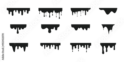 Black liquid drips or liquid sauce drops, seamless drops of paint, ink, slime, blood, chocolate on white background. Top banner with silhouettes of fluid dribbles.