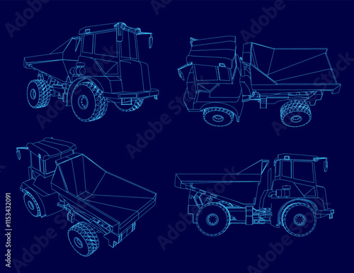 Four different views of a truck. The truck is blue