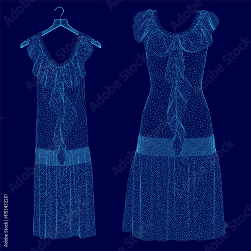 Blue dress with a trim hangs on a hanger. The dress is a long, flowing gown with a ruffled skirt. The dress is made of a shiny, silky material and has a high neckline