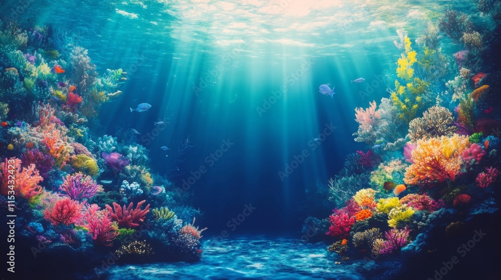 Fototapeta premium Vibrant Coral Reef Underwater Scene With Colorful Fish