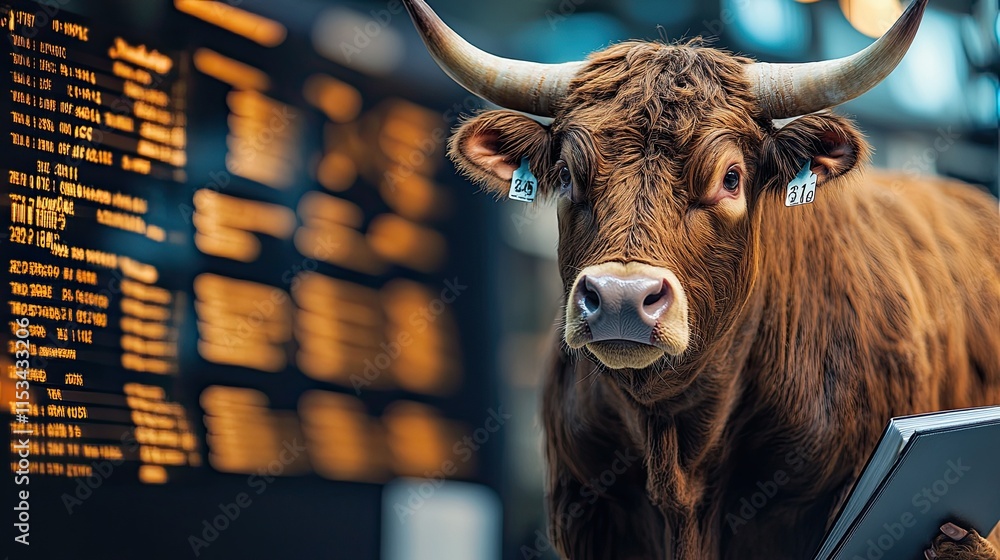 A bull standing in front of a stock market exhibit while dressed in a suit A bull standing in front of a stock market exhibit while dressed in a suit