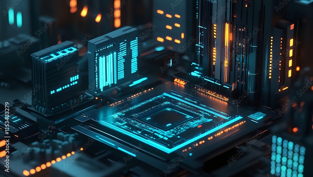 Fototapeta premium Futuristic Digital Circuitry: Exploring Advanced Technology's Sleek Design and Complex Interactions with Neon Glow, Illuminating Modern Innovation.