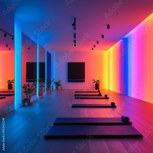 Modern fitness studio with neon lighting and exercise mats for wellness activities. Color-driven spaces