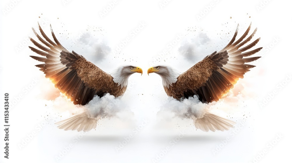 Fototapeta premium Majestic Bald Eagles in Dynamic Display with Flared Wings Amidst Dramatic Clouds and Warm Light Symbolizing Freedom and Strength in Nature